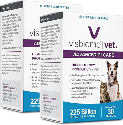 Visbiome® Vet Advanced GI Care High Potency Probiotic for Dogs & Cats – 225B CFU, 8-Strain Formula – Refrigerated, Veterinarian Recommended, Clean Label Certified – 60 Packets