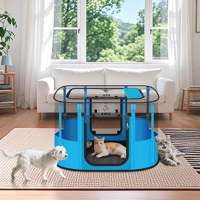Portable Pet Playpen with Waterproof pad,Collapsible Crates Kennel Playpen for Dog cat and Rabbit &Travel playpen Outdoor or Indoor (Large（35.4" L x 27.6" W x 23.6" H）, Clear Blue)