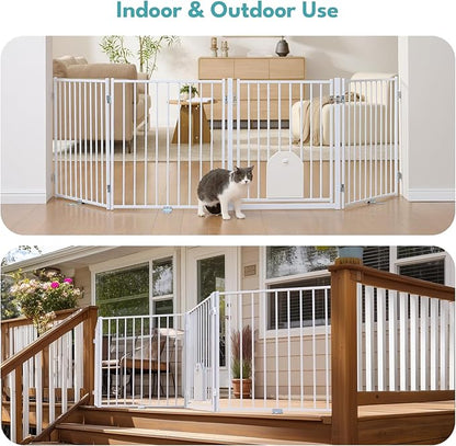 No Pawblems Free Standing Dog Gate with Cat Door, 30'' Tall Foldable Dog Fence for Indoor & Outdoor, Up to 104 Inch Extra Wide Puppy Gate for Stairs, Hallways, Doorways, Deck, Yard (White, 4 Panels)