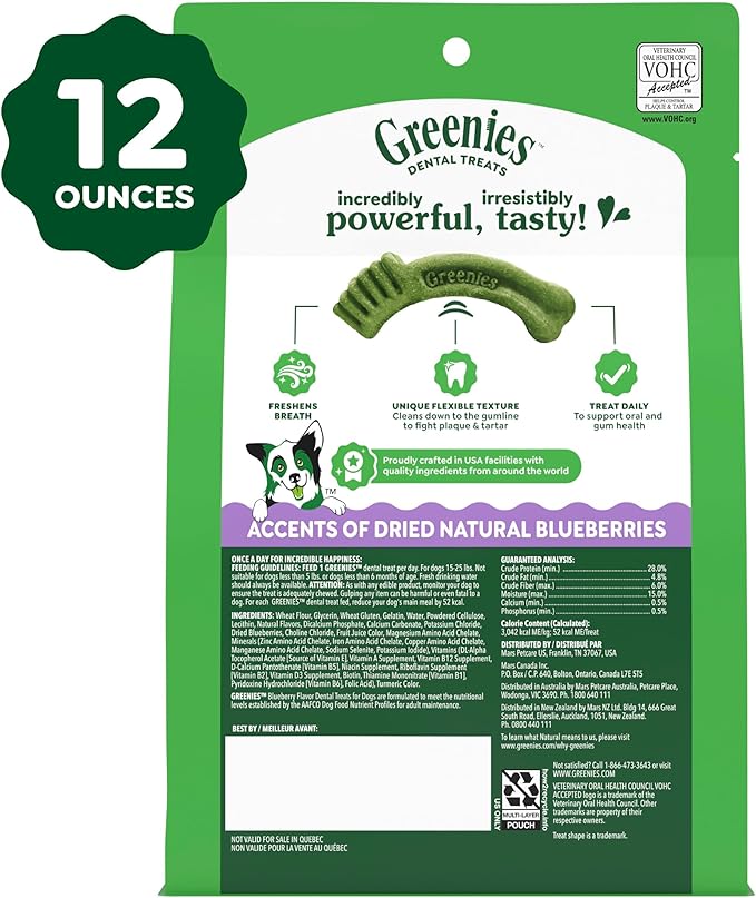 Greenies Veterinarian-Recommended Adult Natural Dental Dog Treats Petite Size, Blueberry Flavor, 12 oz. Pack, 20 Count