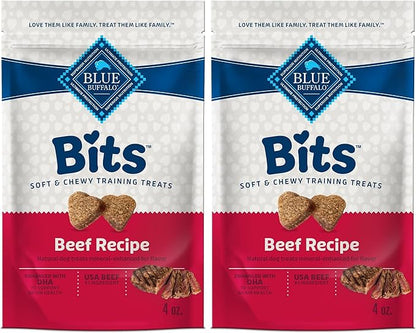 Blue Buffalo Bits Soft Dog Treats for Training,Made with Natural Ingredients & Enhanced with DHA,Beef Recipe,4-oz Bag,(Pack of 2)