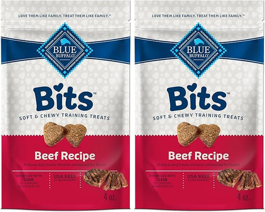 Blue Buffalo Bits Soft Dog Treats for Training,Made with Natural Ingredients & Enhanced with DHA,Beef Recipe,4-oz Bag,(Pack of 2)