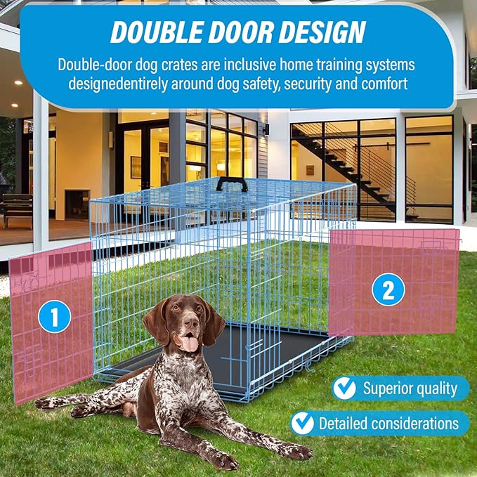 Large Dog Crate Kennel Metal Dog Cage for Medium Large Dogs Double-Door Folding Travel Indoor Outdoor Puppy Playpen with Divider and Handle Plastic Tray,42",Blue