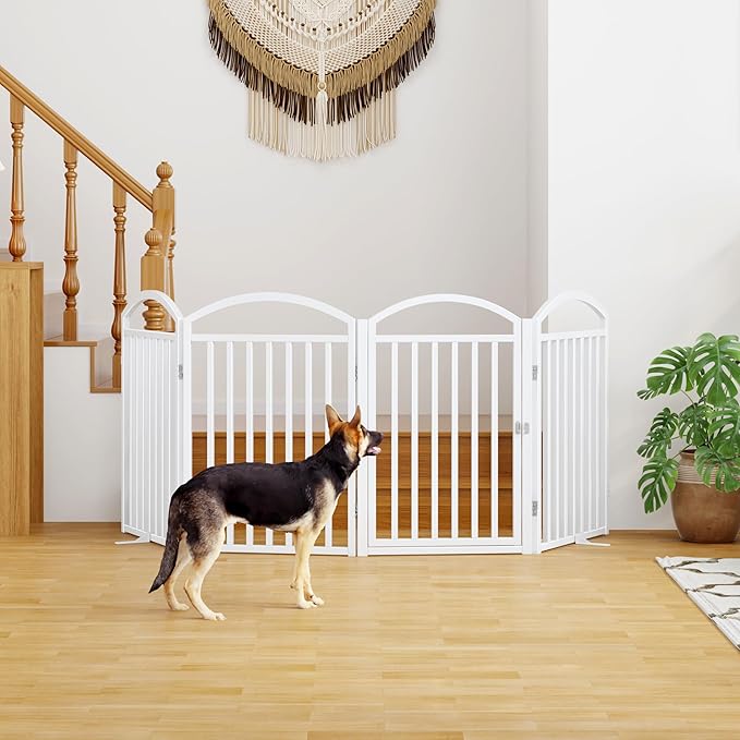 Folding No-Assembly Freestanding Dog Gate with Door,32" Heights Foldable Pet Fence,96" Extra Wide Accordion Puppy Folding Playpen for Doorways,House,Stairs (4 Panels,White)