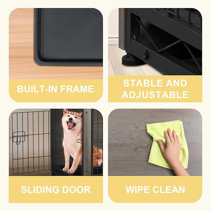 JY QAQA Dog Crate Furniture, Wooden Dogs Crate Table, Double-Doors Dog Furniture, Indoor Dog Kennel, Dog House, Dog Cage/Grey/L