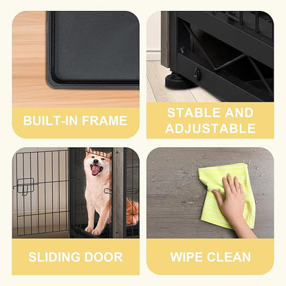 JY QAQA Dog Crate Furniture, Wooden Dogs Crate Table, Double-Doors Dog Furniture, Indoor Dog Kennel, Dog House, Dog Cage/Grey/L