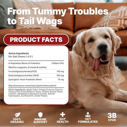TPC Probiotics for Dogs, 90 Soft Chews – Dog Probiotics with Digestive Enzymes & Prebiotics – Supports Gut Health, Diarrhea & Bowel Support, Seasonal Allergies – Pet Supplement