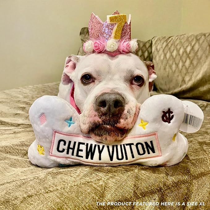 Haute Diggity Dog Chewy Vuiton Bone Plush Squeaky Dog Toy, Soft Durable Designer-Inspired Stuffed Puppy Chew Toys for Small, Medium & Large Dogs, Machine-Washable (White) XL