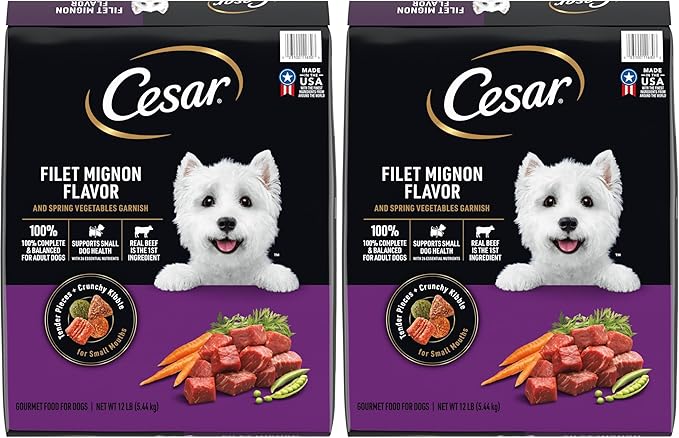 Cesar Small Breed Adult Dry Dog Food Filet Mignon Flavor with Spring Vegetables Garnish Dog Kibble, 12 lb. Bag (Pack of 2)