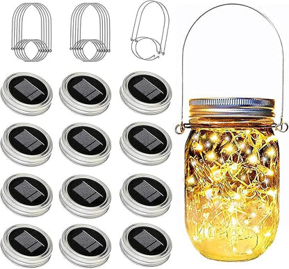 YJFWAL Mason Jar Solar Lights, 12 Pack 30 LED Mason Jar Solar Fairy Lights, Lantern String Lid Light with Hangers for Garden,Patio,Yard,Party,Birthday,Wedding, Christmas Decoration(No Jars)