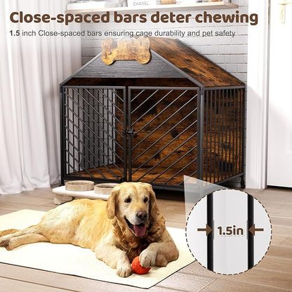 Heavy Duty Dog Crate Furniture for Large Breeds, 39.4" XXL Indoor Wooden Dog Kennel with Gable Roof, Escape Proof Double Door & Chew Proof Metal Cage for German Shepherd/Labrador, Rustic Brown