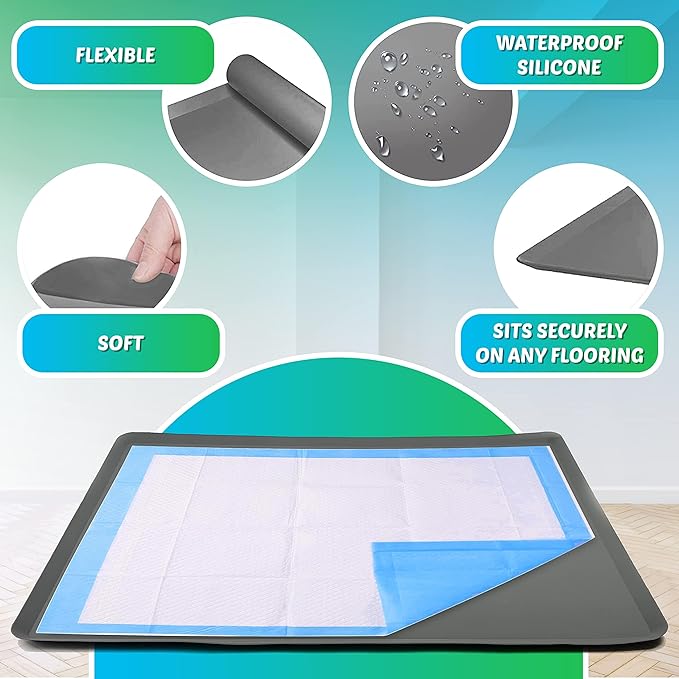TidyFriend Dog Pee Pad Holder Tray Fits for 30” x 23” Pee Pads with Corner Lock Holes, Raised Edges, Non-Spill, Easy to Clean Silicone Dog Potty Tray Holder, For Indoor Floor Protection (Light Grey)