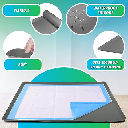 TidyFriend Dog Pee Pad Holder Tray Fits for 30” x 23” Pee Pads with Corner Lock Holes, Raised Edges, Non-Spill, Easy to Clean Silicone Dog Potty Tray Holder, For Indoor Floor Protection (Light Grey)