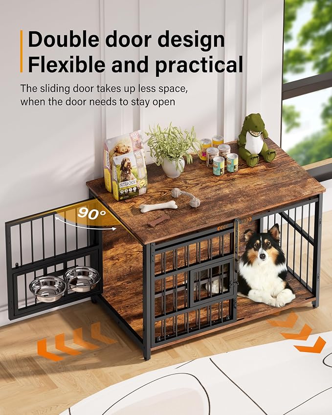 Dog Crate Furniture for Large Dogs: 39 Inch Heavy Duty Chewproof Wooden Kennel Furniture - Dog Cage Table for High Anxiety Dogs- 360° Adjustable Bowls Multi-Lock Sliding Door for Indoor