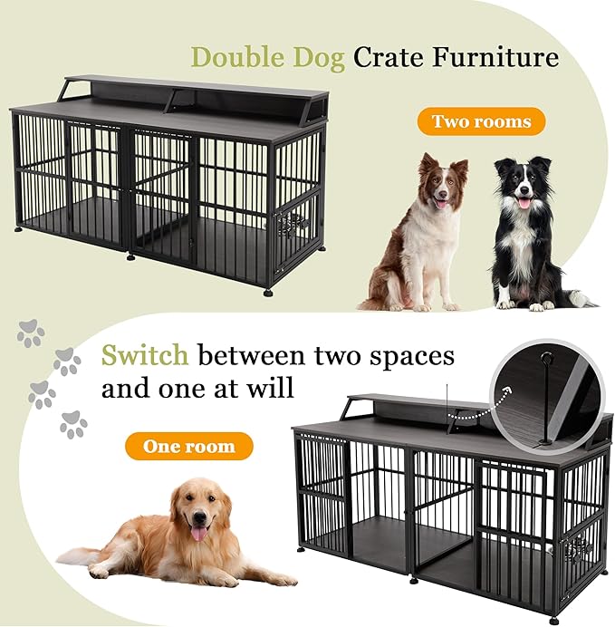 72 Inch Dog Crate Furniture for 2 Dogs, Wooden Dog Kennel Furniturewith Storage Shelf & Bowls, Heavy Duty Dual Dog Kennel End Table, Sturdy Dog Cage Furniture Dog Crate with Divider