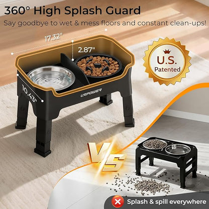 URPOWER Mess Proof Elevated Dog Bowls, High Wall Splash Guard Design, 4 Height Adjustable Raised Bowl Stand, 2 Stainless Steel Bowls, Non-Slip Food Water Set for Small Medium Large Dogs