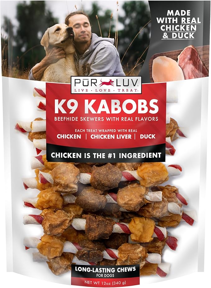 Pur Luv Dog Treats, K9 Kabobs Made with Real Chicken and Duck, 12 Ounces, Dog Snacks, Healthy, Easily Digestible, Long-Lasting, High Protein Treat, Satisfies Urge to Chew
