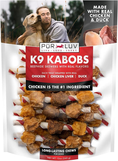 Pur Luv Dog Treats, K9 Kabobs Made with Real Chicken and Duck, 12 Ounces, Dog Snacks, Healthy, Easily Digestible, Long-Lasting, High Protein Treat, Satisfies Urge to Chew