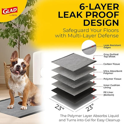 Glad for Pets Black Charcoal Puppy Pads - Super Absorbent Disposable Dog Pee Pads, Potty Training Pads, and Pet Supplies - Dog Pee Pads for Crate Training and Indoor Use 23" x 23" - 100 Count