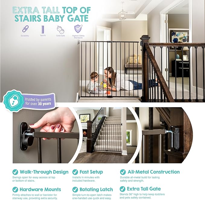 Regalo Safety 36" Extra Tall Baby Gate for Stairs & Doorways, Walk-Through Stair Gate with Door, Hardware Mounted Gate for Babies, Toddlers & Pets, Fits 24"–40.5" Openings, Black