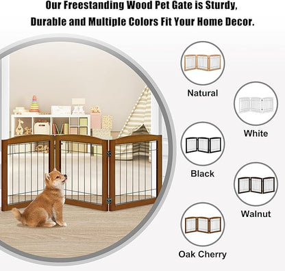 LZRS 3-Panel Freestanding Foldable Wooden Dog Gate –Solid Wood & Steel Wire Chew-Resistant Indoor Safety Pet Fence for Doorways & Stairs, Ideal for Small to Medium Dogs & Puppies, Cherry