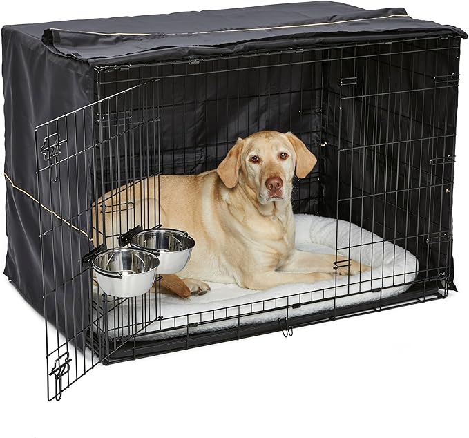 MidWest Homes for Pets Double Door iCrate Starter Kit, 42-inch Dog Crate Bundle for Large Dogs, Includes Cage, Pet Bed, 2 Bowls and Privacy Cover