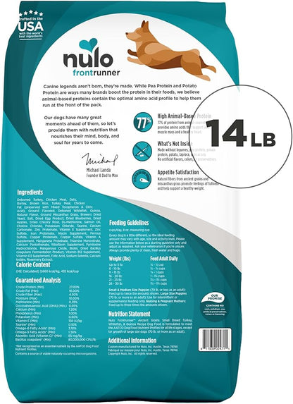 Nulo Frontrunner Dry Dog Food Small Breed - High-Protein Turkey, Whitefish & Quinoa Recipe, Natural Puppy & Adult Dog Food, Small Sized Kibble with Probiotics, Taurine, Omega 3, 14lb Bag