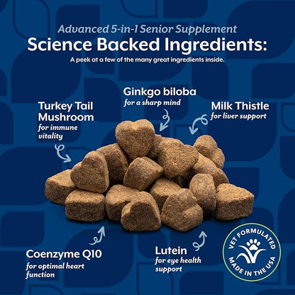 NaturVet Senior Advanced 5-in-1 Support Dog Supplement – Helps Support Immune System, Heart, Liver, Cognitive Function, Eye Health – Includes Ginkgo Biloba, Lutein – 60 Ct.