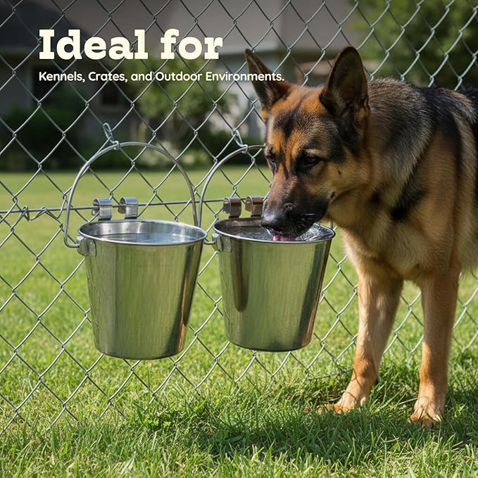 6 Quart Stainless Steel Flat Sided Bucket with Dual Hooks | 2 Pcs Food & Water Bowl for XL Dog Goat Cattle Horse & Livestock | Fits kennel Crate Cages Farm Hanging Pet Pail | Multipurpose