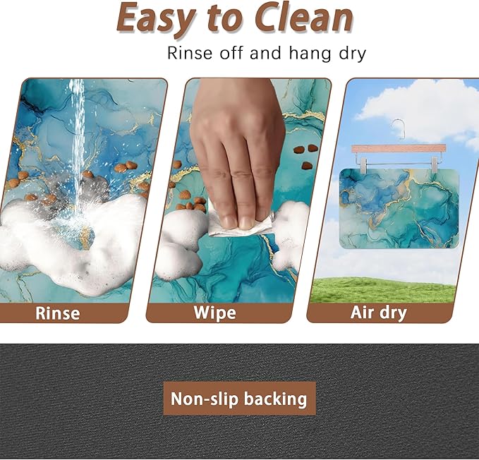 Marble Dog Cat Food Mat,Blue Teal Turquoise Gold Absorbent Pet Feeding Mat with Rubber Backing,Non-Slip Water Bowl Placemat,Indoor Pet Accessories Supplies 12"x20"