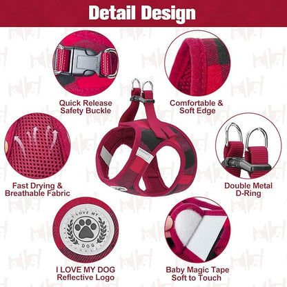 BEAUTYZOO Small Dog Harness and Leash Set,Step in No Choke No Pull Soft Mesh Dog Harnesses Reflective for Extra-Small/Small Medium Puppy Dogs and Cats, Plaid Dog Vest Harness for XS S Pets, Red L