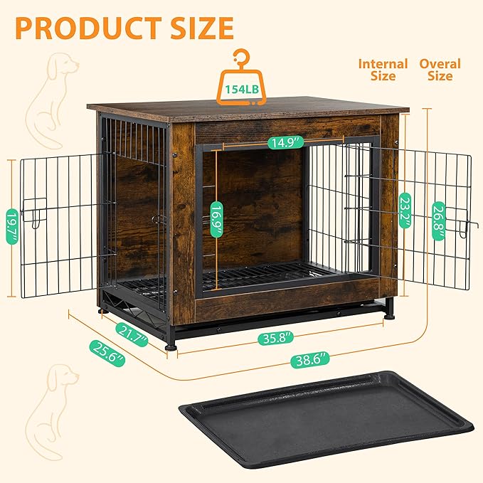 Shintenchi Wooden Dog Crate Furniture for Large Breed, L Double-Door Kennel Indoor with Removable Tray, End Table L Dog Crate for Decoration, 38.6" L, Brown
