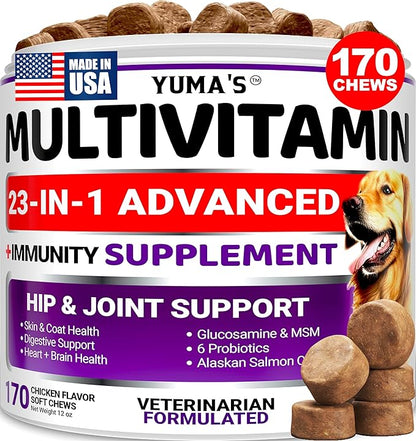 Dog Vitamins and Supplements - 170 Treats - Dog Multivitamin Chewable with Glucosamine - Senior & Puppy Multivitamin for Dogs - Hip & Joint Support - Immune Health, Skin, Heart, Digestion, Probiotics