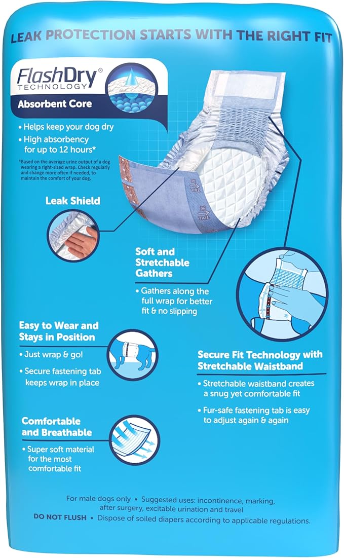 Hartz Comfitables Disposable Male Dog Wraps with Stretchy Waistband, Medium 36 Count