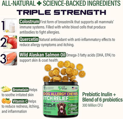 Vet Treat Dog Allergy Relief Chews - 170 Dog Allergy Chews - Itch Relief for Dogs - Anti Itch for Dogs - Dry & Itchy Skin - Allergies & Immune Support Supplement, Omega 3, Fish Oil, Colostrum - USA