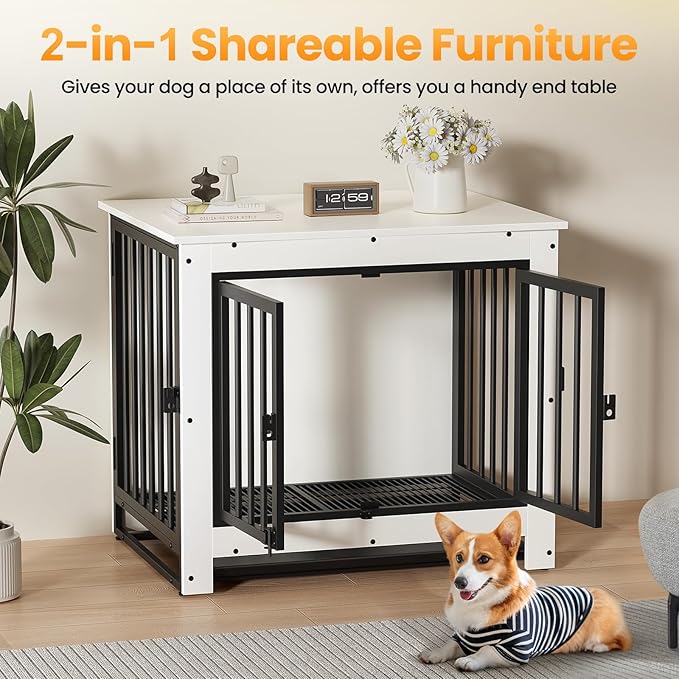 Derfullo Dog Crate Furniture, 29 Inch Indoor Dog Kennel for Small Dogs Up to 30 LBS, Heavy Duty Wooden Pet Cage End Table with 3 Doors, Alloy Steel Frame & Removable Tray