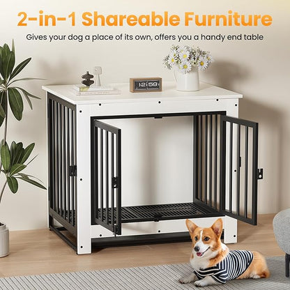 Derfullo Dog Crate Furniture, 29 Inch Indoor Dog Kennel for Small Dogs Up to 30 LBS, Heavy Duty Wooden Pet Cage End Table with 3 Doors, Alloy Steel Frame & Removable Tray
