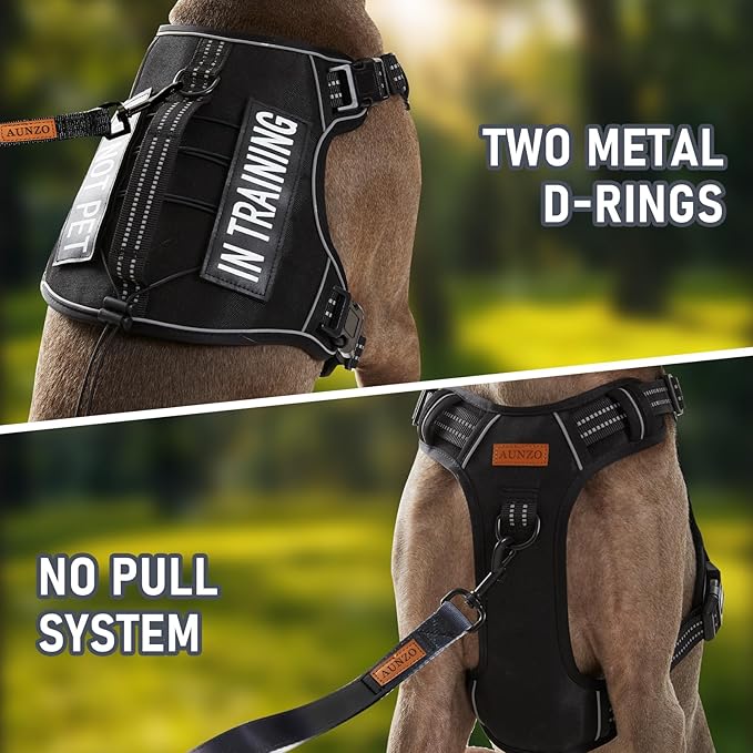 AUNZO Tactical Dog Harness for Large Dogs, for Golden Retriever, Labrador, German Shepherd etc, No Pull Reflective No Choke Adjustable and Padded Pet Vest Harness, Black, L