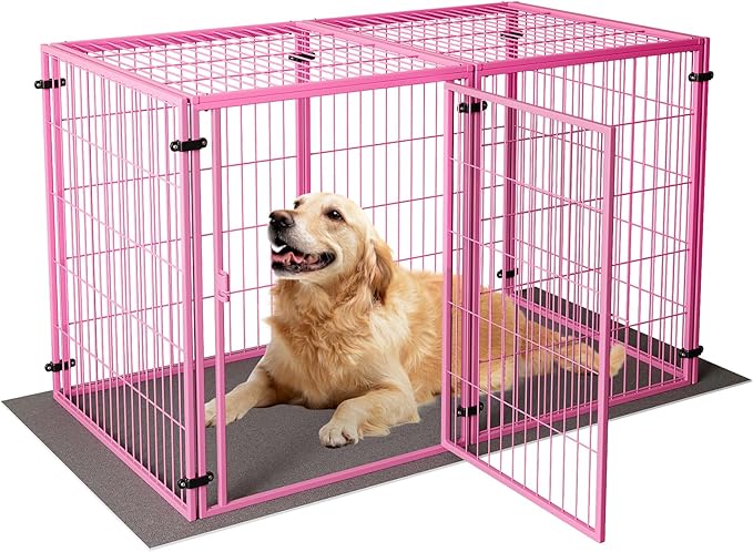 XPIY Large Dog Crate – 57 Inch Metal Kennel for Medium and Small Dogs, Safe Indoor & Outdoor XL Big Puppy Bottomless Cage with Comfort Mat, Pet Playpen Yard, Dog Fence Playpen (Pink)