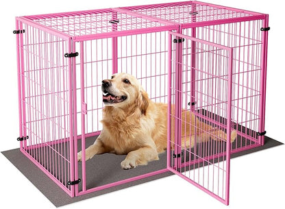 XPIY Large Dog Crate – 57 Inch Metal Kennel for Medium and Small Dogs, Safe Indoor & Outdoor XL Big Puppy Bottomless Cage with Comfort Mat, Pet Playpen Yard, Dog Fence Playpen (Pink)