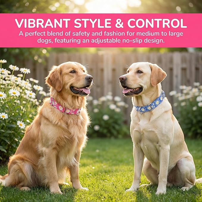 Pink Martingale Dog Collar and Leash Set for Female Dogs, Cute Daisy Pattern Girl Dog Collar, Adjustable Soft Durable Pet Collar with 5ft Matching Leash for Small Medium Large Dogs