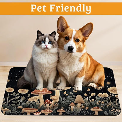 Fantasy Mushroom Dog Cat Food Mat,Butterfly Stars Absorbent Waterproof Placemat for Food and Water Non Slip Rubber Backing Durable Feeding Pad for Clean Floors 16" x 24"