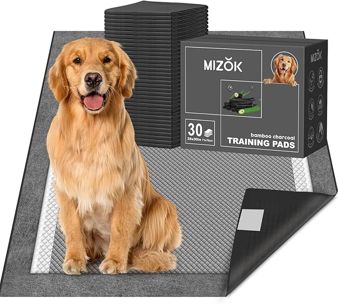 MIZOK Dog Pee Pads Charcoal, 28"x30" Large Wee Wee Pads for Dogs, Superior Odor Protection, Super Absorbent & Leak-Proof, Puppy Pads with Adhesive Tabs, Thick & Heavy (30 Counts)