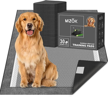 MIZOK Dog Pee Pads Charcoal, 28"x30" Large Wee Wee Pads for Dogs, Superior Odor Protection, Super Absorbent & Leak-Proof, Puppy Pads with Adhesive Tabs, Thick & Heavy (30 Counts)