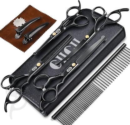 CIICII Dog Grooming Scissors Kit, 7 Inch Professional Pet Grooming Scissors Set with Safety Round Tip (Dogs/Cat Hair Cutting Trimming Thinning Shears with Curved Scissors) for DIY Home Salon (Black)
