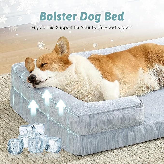 Cooling Dog Bed for Medium Small Size Dogs, Q-Max >0.4 Summer Cool Pet Bed, Orthopedic Foam Dog Sofa with Sides, Bolster Anti-Slip Couch with Washable Removable Cover, M 30x20x6 inch, Blue