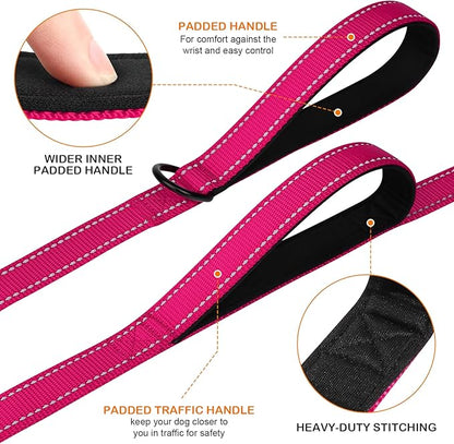 Joytale Dog Leash Heavy Duty for Large Dogs that Pull, Double Handle for Traffic Control, Double-Sided Reflective Leashes for Large Medium Dogs Night Safety, 4FT, Hot Pink