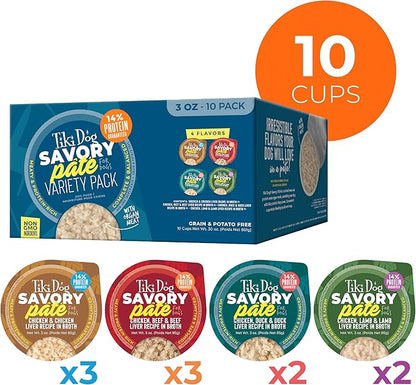 Tiki Dog Savory Pate Wet Dog Food, Variety Pack, 3 oz. Cup (10 Count)