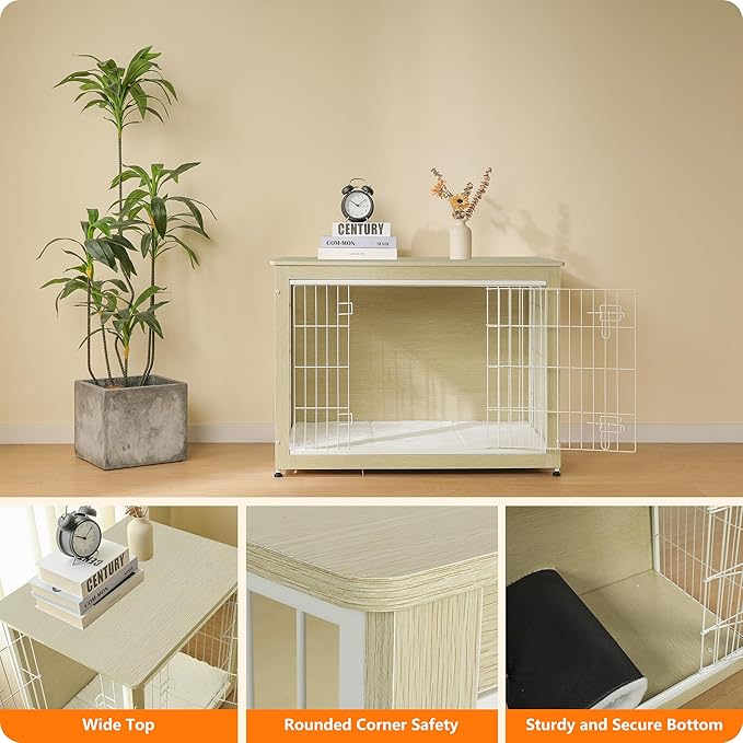 DWANTON Dog Crate Furniture with Cushion, Wooden Kennel Table with Double Doors, Indoor Dog House, Large Size, 38.5" L, White Oak