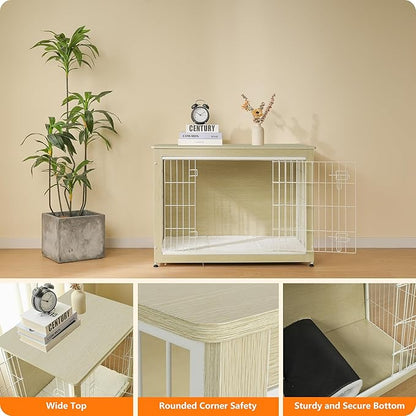 DWANTON Dog Crate Furniture with Cushion, Wooden Kennel Table with Double Doors, Indoor Dog House, Large Size, 38.5" L, White Oak